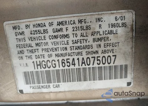 2001 Honda Accord 3.0 Ex from USA, damaged, VIN 1HGCG16541A075007